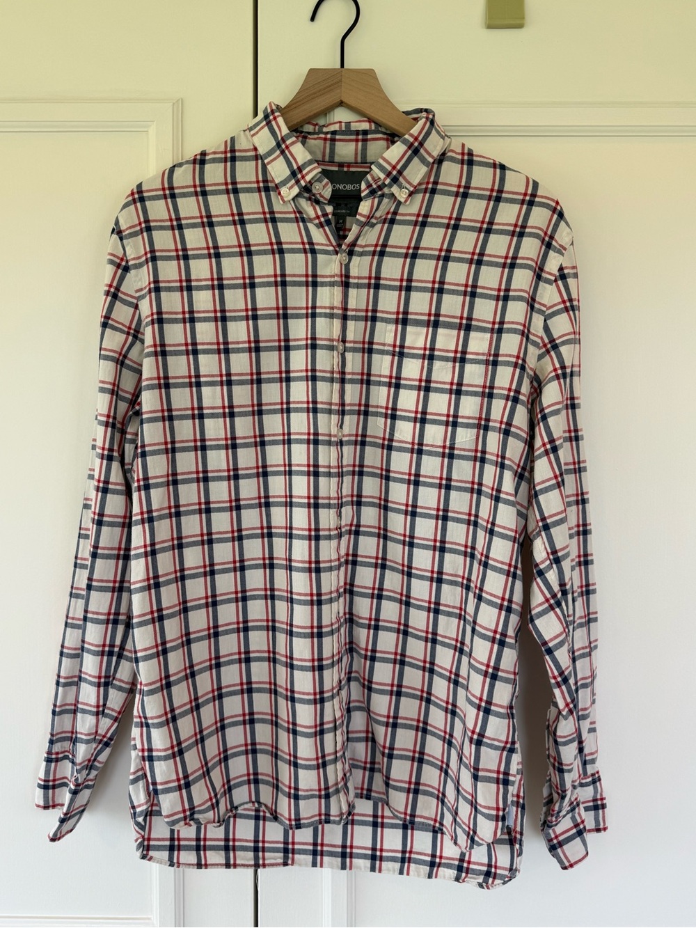 Bonobos long sleeve button-down in red, white and blue plaid, size M